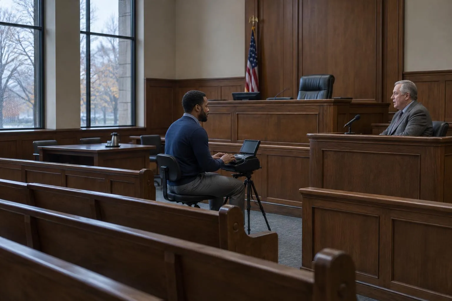 A court reporter types on a stenotype machine beside a witness box while a small microphone rests nearby in a rain-lit courtroom.