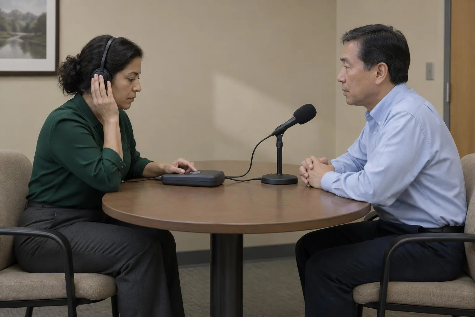 Court reporter checks deposition audio through headphones while a witness waits beside a tabletop microphone.