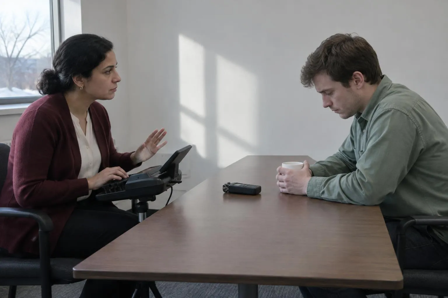 A court reporter raises a calm hand to pause a nervous young witness while her other hand rests on her stenotype keys.