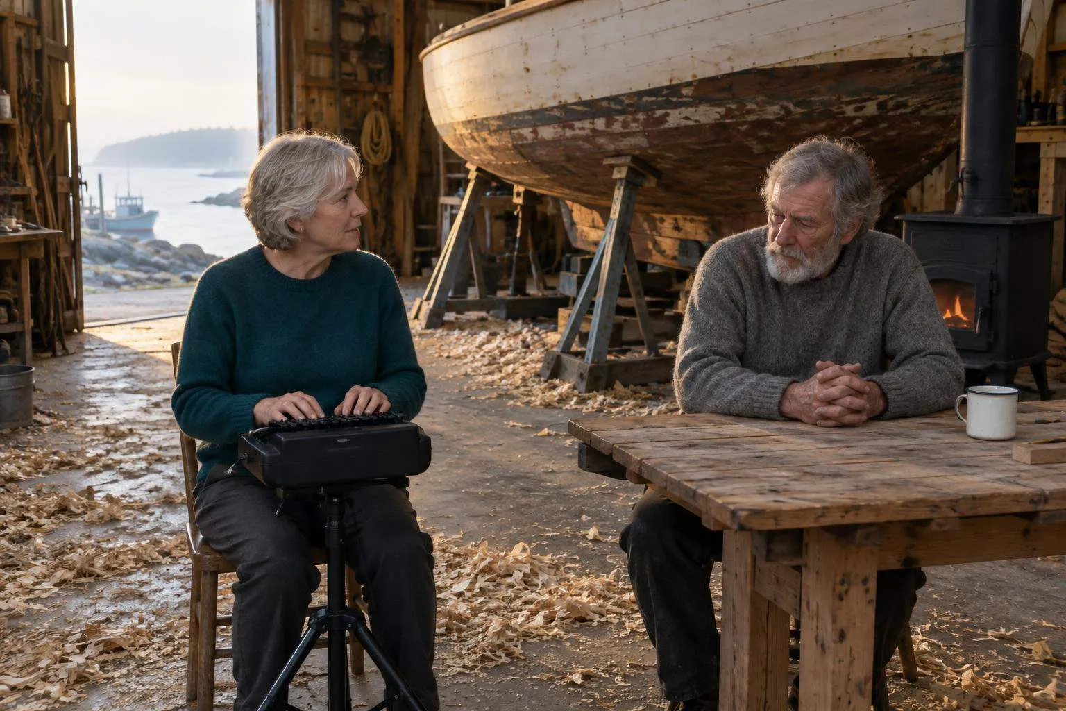 A court reporter types on a stenotype machine at a plank table in a coastal Maine boatyard while an older witness waits beside a wooden hull.