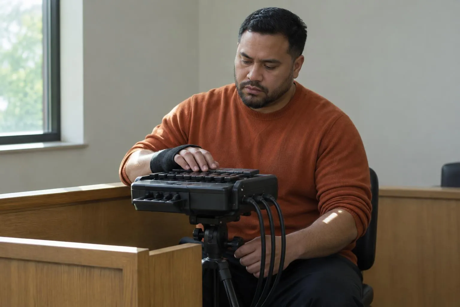 A court reporter adjusts the tripod height of his stenotype machine in soft spring morning light, a black wrist support on his arm.