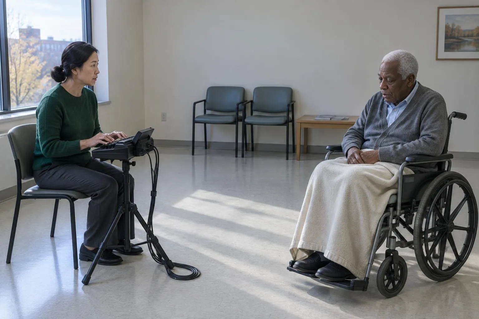 A court reporter types on a stenotype machine on a tripod while an elderly man in a wheelchair gives testimony in a sunlit hospital day room.
