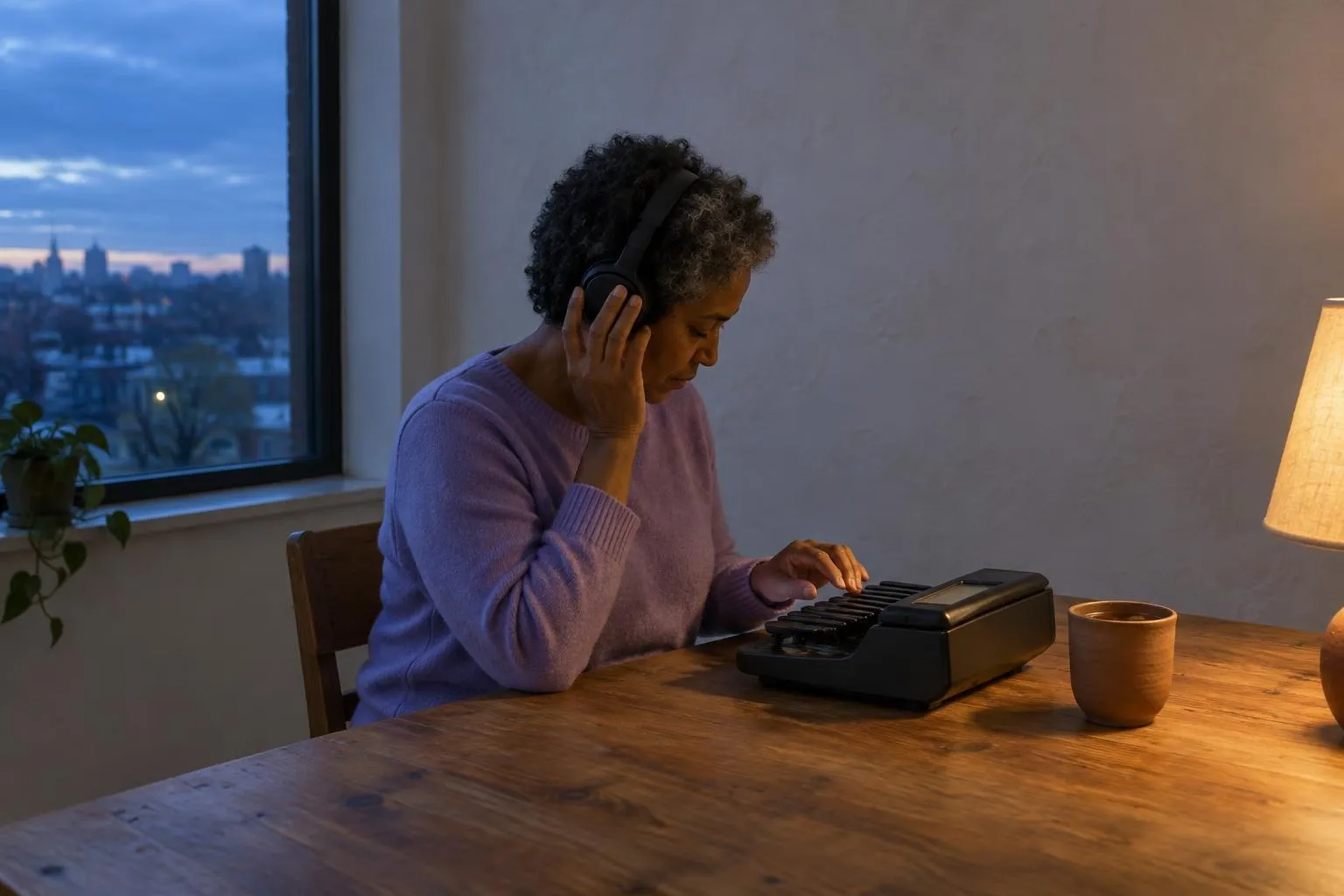 A court reporter presses a headphone to her ear while her fingers hover over a stenotype machine, re-checking testimony by ear at dusk.