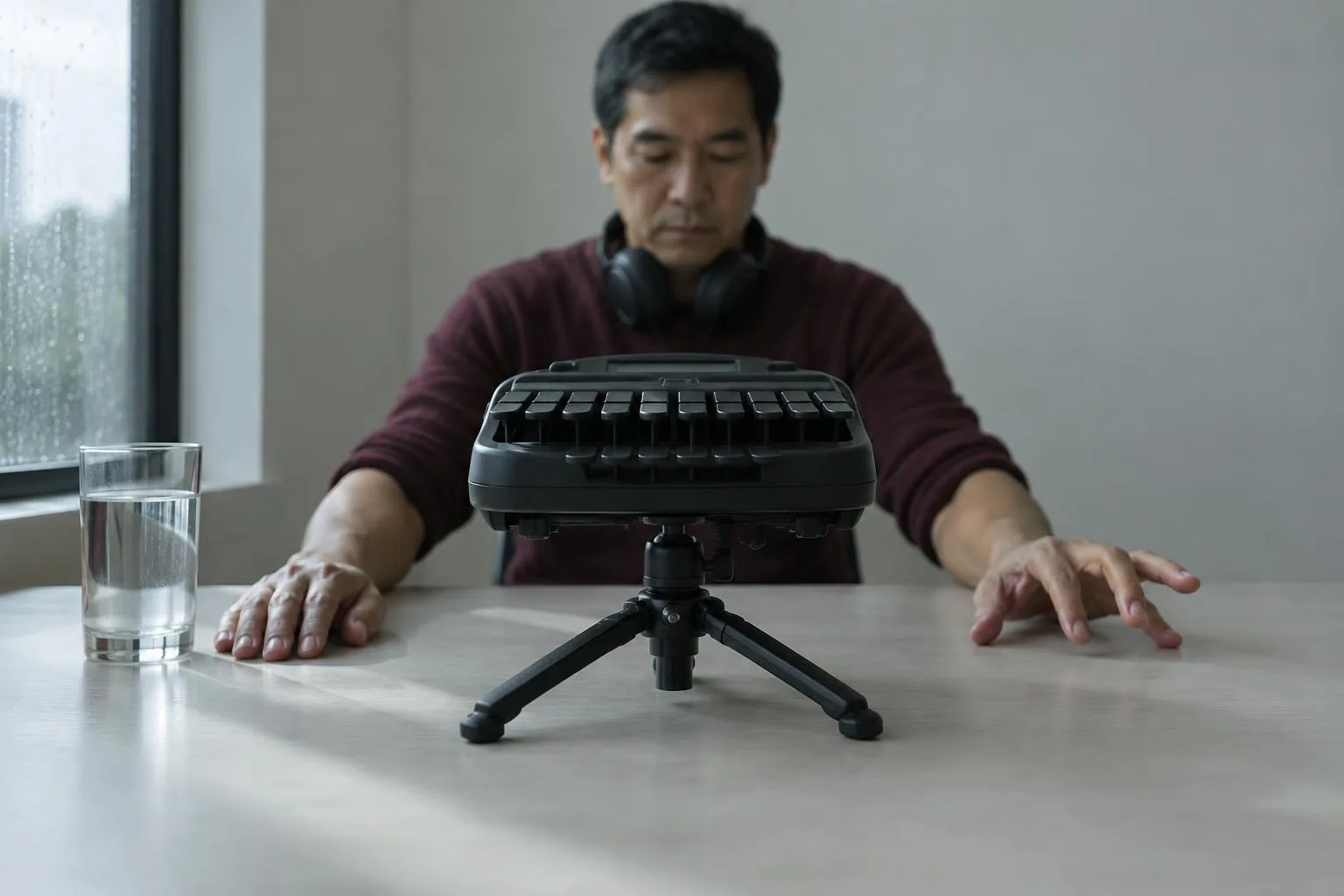 A court reporting candidate flexes his tired fingers beside a stenotype machine during a pause in a skills exam.