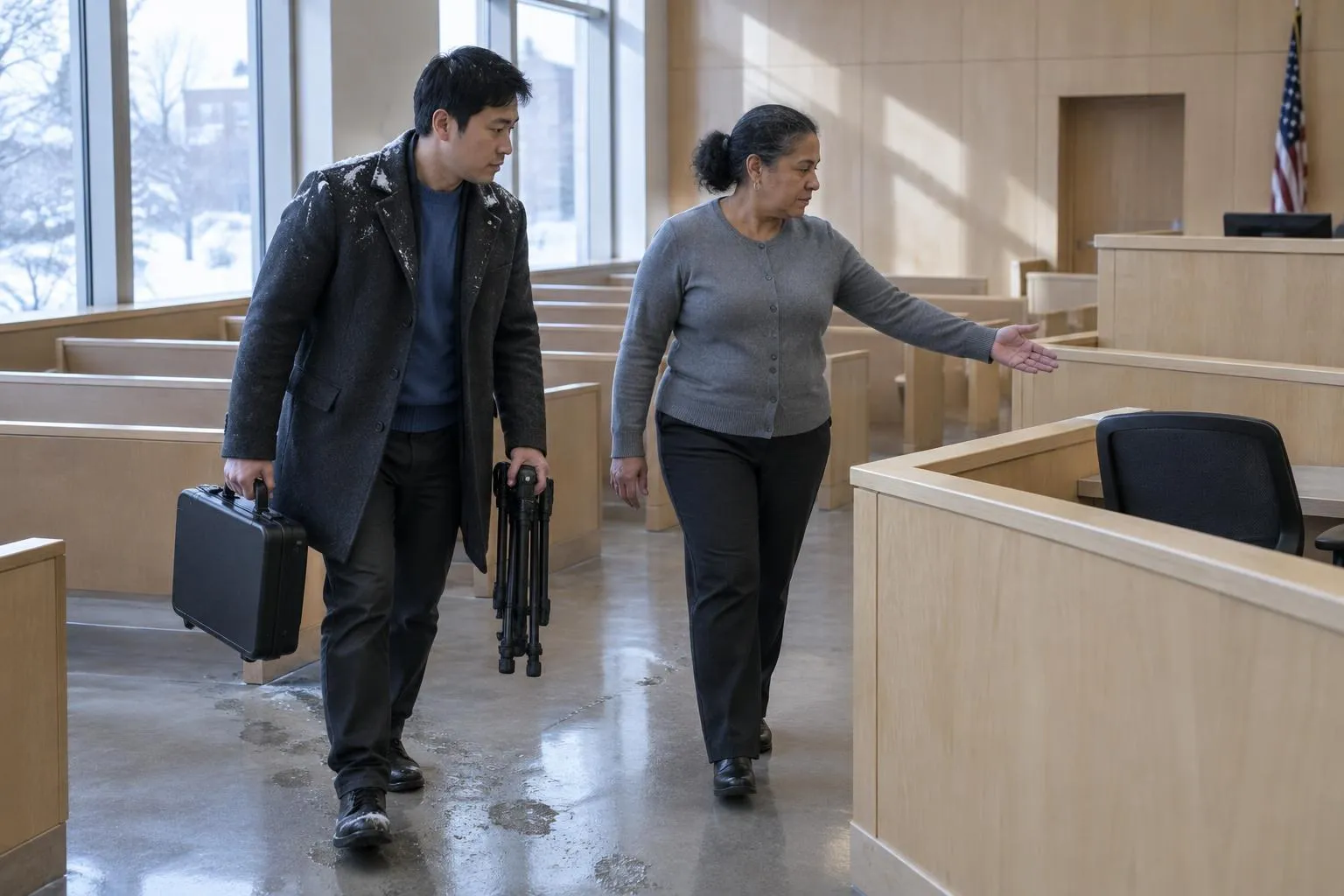 A substitute court reporter with a case and tripod hurries into a snowy-morning courtroom as a clerk points to the empty reporter's chair.